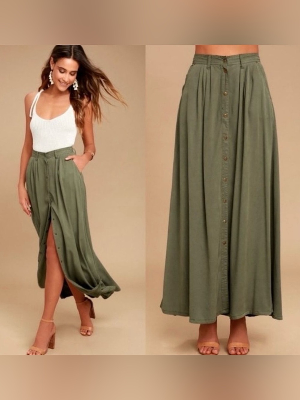 Pistola My Squad Olive Green Snap Button-Front Tencel Utility Maxi Skirt Size M